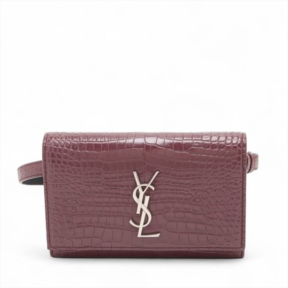 Yves Saint Laurent Handbags - Saint Laurent Calfskin Crocodile Embossed Monogram Kate Belt Bag Burgundy